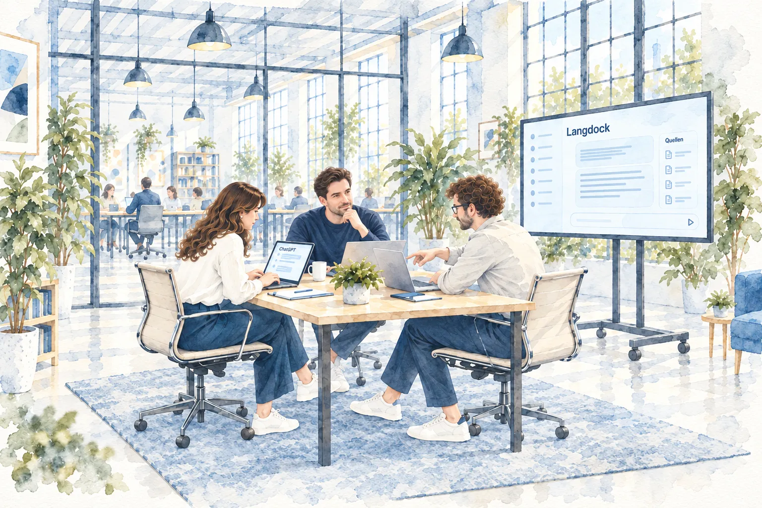 Lennart bespricht mit zwei Personen KI-Antworten an einem Tisch mit Laptops und Langdock-Monitor.