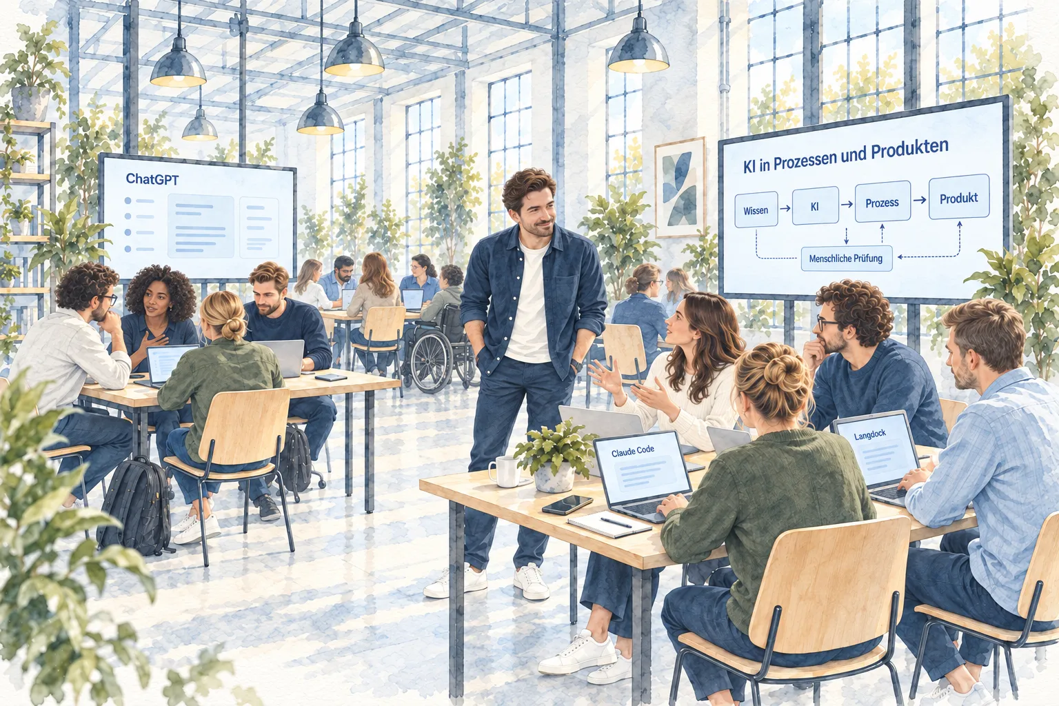 Lennart begleitet einen vielfältig besetzten KI-Workshop mit Laptops, mobilen Monitoren und einer Person im Rollstuhl am hinteren Tisch.