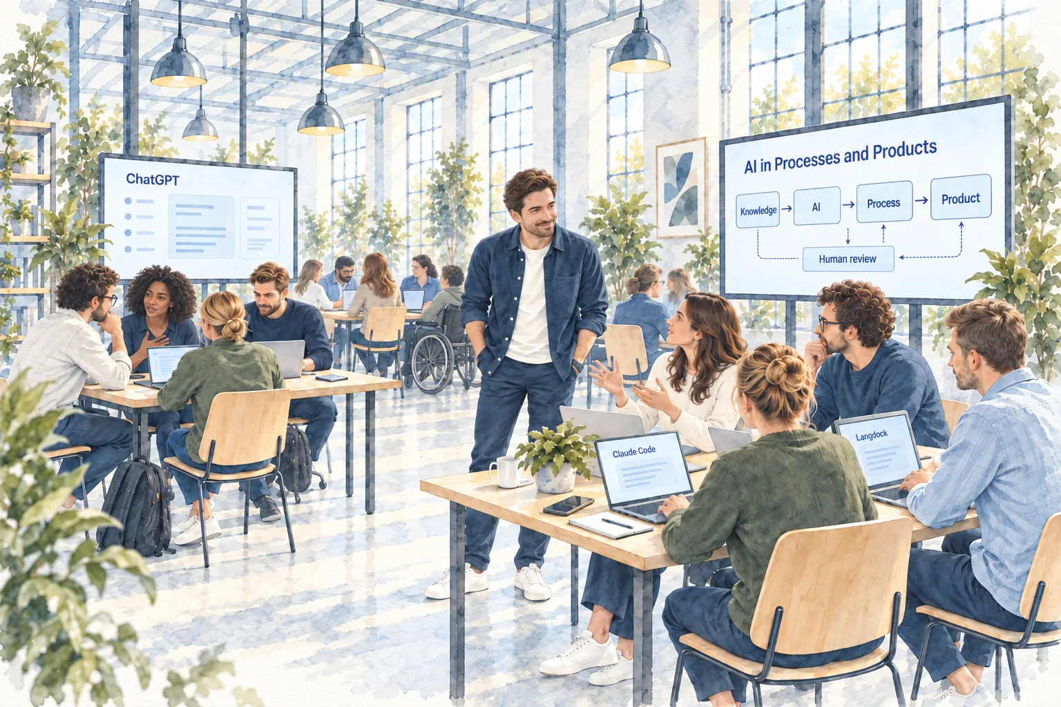Lennart facilitates an AI workshop with a diverse group, laptops, mobile displays and a wheelchair user at a rear table.