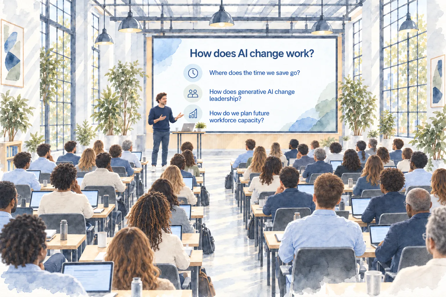 Lennart gives a talk to a diverse audience about how AI changes work, with one large presentation screen as the focal point.