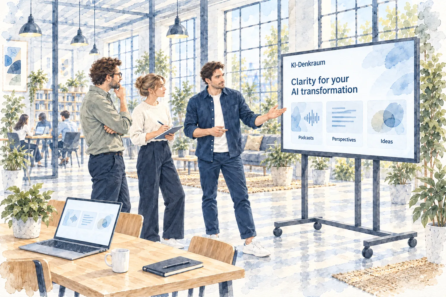 Lennart introduces two people to the KI-Denkraum homepage on a large display.