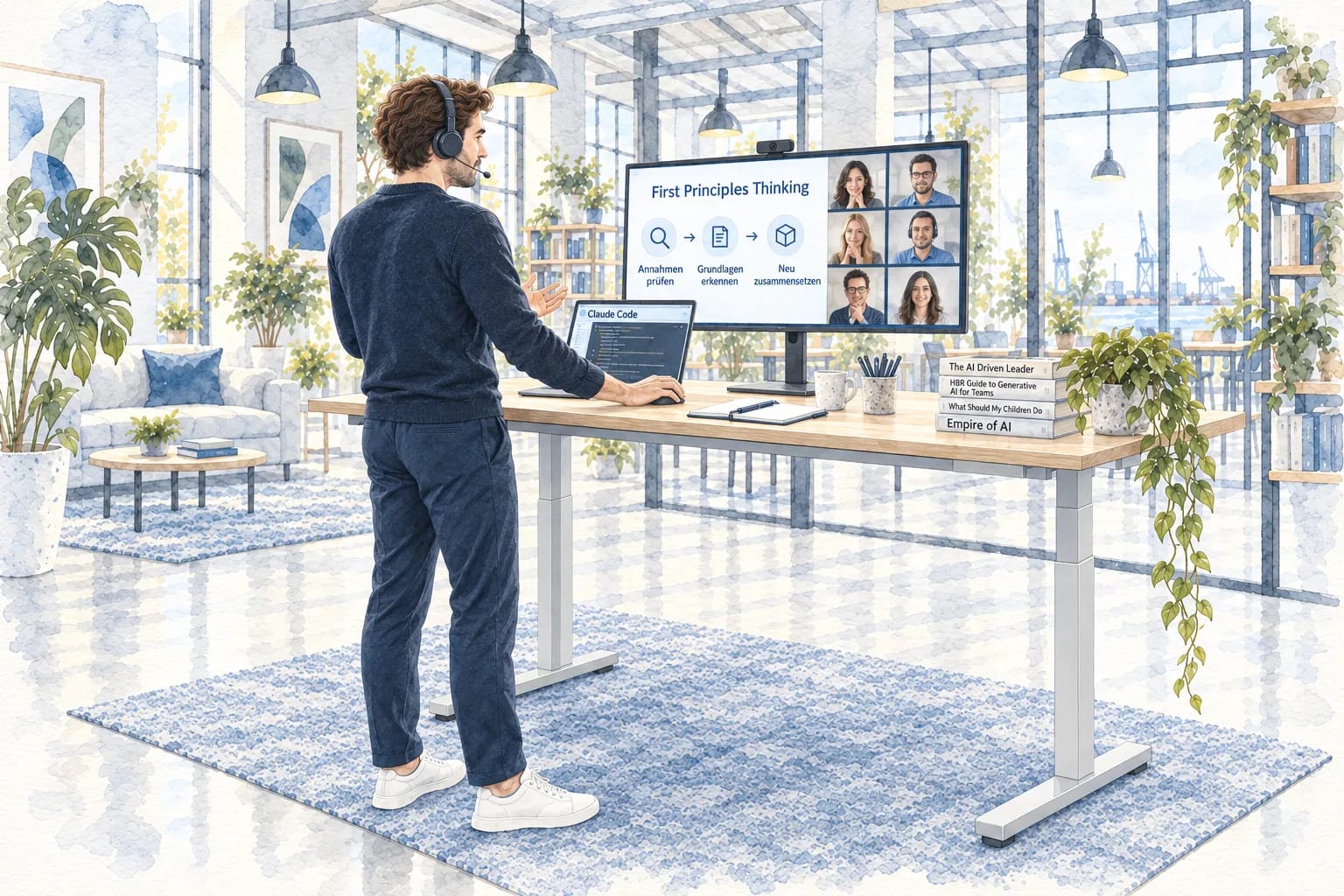Lennart erklärt mit Headset First Principles Thinking im Stehen an einem modernen höhenverstellbaren Schreibtisch.