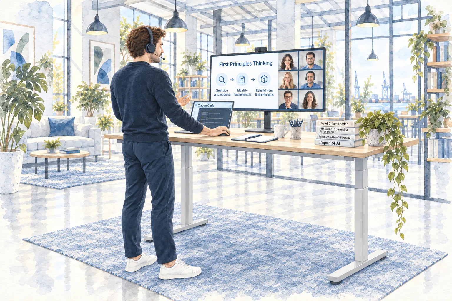 Wearing a headset, Lennart explains First Principles Thinking while standing at a modern height-adjustable desk.