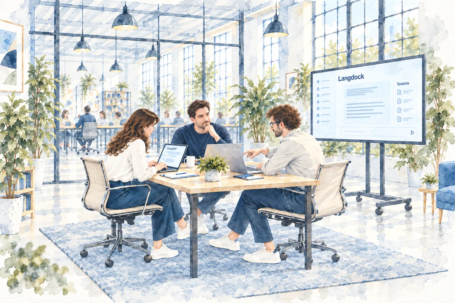 Lennart discusses AI responses with two people at a table with laptops and a Langdock display.